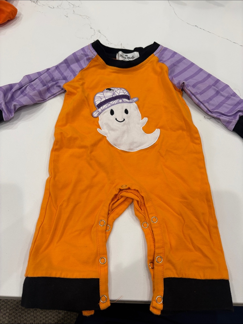 Orange Ghost Appliqué One-Piece with Purple Striped Sleeves by Peek-a-Boo